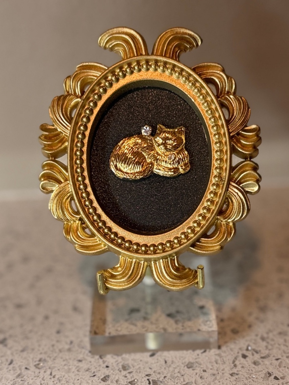 Vintage Gold Tone Cat Mini Frame • Swarovski Crystal • Tiny Art Decor - Picture 7 of 7